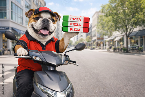Bully Dog Delivering Pizza on Motorcycle Holding Pizza Boxes