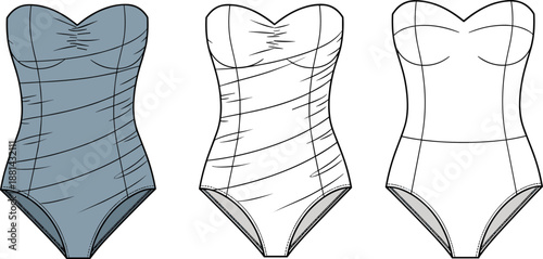 Strapless ruched swimsuit CAD drawing flat vector illustration with front views technical womens swimwear fashion design apparel template