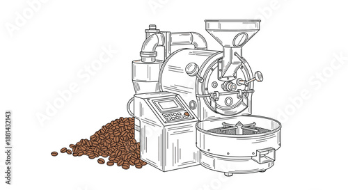 Detailed line art illustration of an industrial coffee roasting machine with a pile of fresh roasted coffee beans beside it.