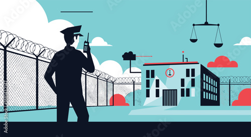 Silhouette of a security guard with a walkie-talkie watching over a prison complex with a barbed wire fence and justice scales.