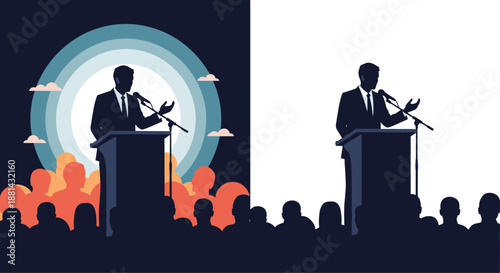 Two silhouette versions of a politician or businessman giving a speech at a podium to a large audience during a conference.
