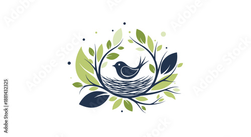 Elegant and simple logo design featuring a small bird resting in its nest, encircled by delicate green and blue leaves.