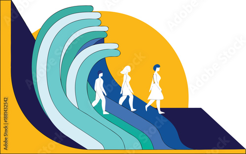 Surfers heading towards sunset