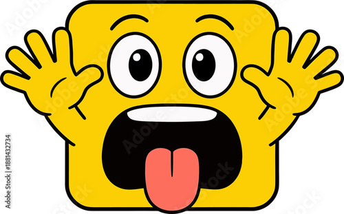 Square shocked emoji face with tongue out wide eyes open mouth and raised hands illustration