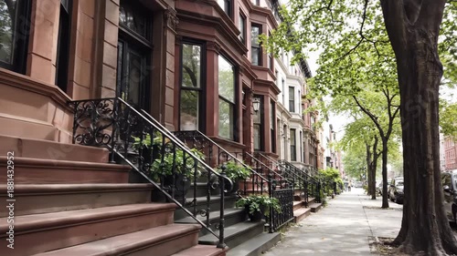 Classic Brownstone Architecture With Trees Lining City Street in Brooklyn New York on Sunny Day Showing Tranquil Urban Scene in the United States