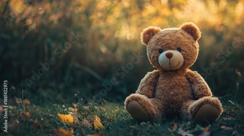 A cuddly teddy bear sits peacefully in a field of tall grass, bathed in the warm glow of the setting sun.