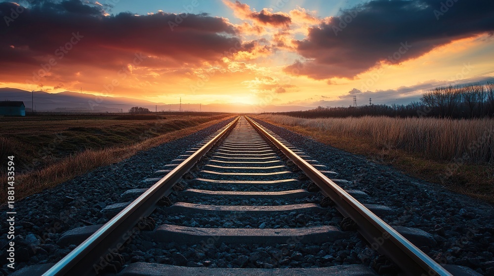 Fototapeta premium A long railway track stretches into the distance, leading towards a vibrant sunset sky filled with dramatic clouds.
