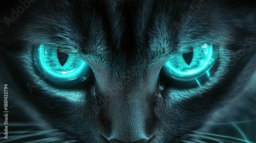 A black cat's face is illuminated with intense, glowing turquoise eyes, creating a futuristic and slightly eerie effect.