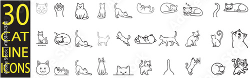 Thirty cat line icons showing various feline poses and behaviors set