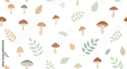 Natural forest seamless pattern with various mushrooms and autumn leaves in soft earth tones on a clean white background.