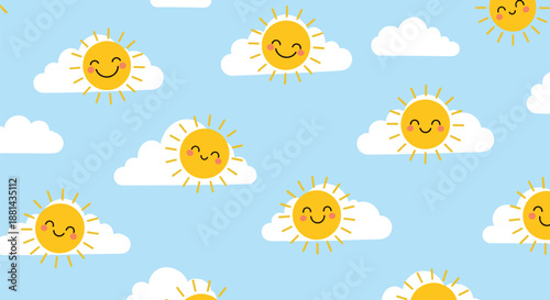 Cheerful repeating pattern with smiling suns peeking from behind white clouds on a bright blue sky background for summer designs.