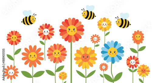 Happy cartoon garden with smiling colorful flowers and busy bees flying in a sunny meadow on a clean white background scene.
