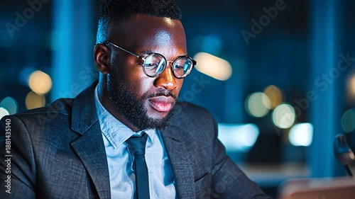 Professional businessman working late on laptop in modern office environment at night with city lights