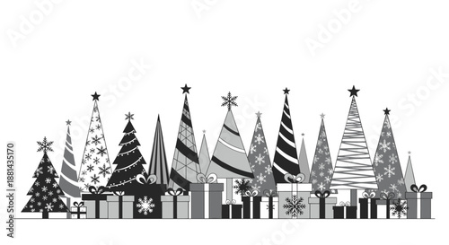Wallpaper Mural Artistic monochrome Christmas trees and gift boxes border illustration with various geometric patterns in black and white tones. Torontodigital.ca