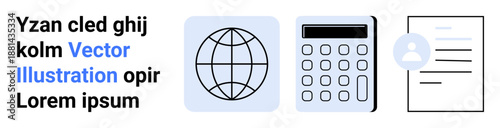 Education, business solutions, global interaction, technology, finance, identification. Globe, calculator person profile and document. Education and business solutions concepts