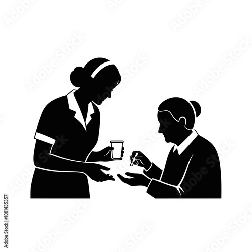 Caring Nurse Offering Medical Beverage to Patient Silhouette Representing Hydration and Clinical Care