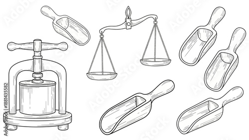 Minimal justice and law line art illustration set with scales, gavel, sword, and legal symbols in a clean outline icon style.
