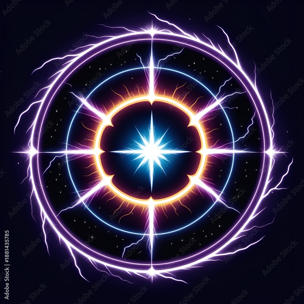 Fototapeta premium Stunning neon mandala with vibrant lightning strikes and cosmic starfield, perfect for modern designs, spiritual themes, and energy concepts