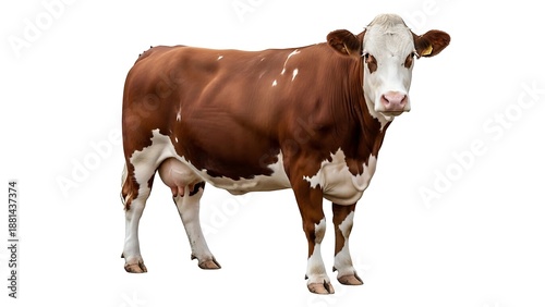 Full-Length Isolated Portrait of a Healthy Brown and White Dairy Cow Standing on a Pure White Background, Detailed Livestock Photography for Farming and Food Industry Projects.