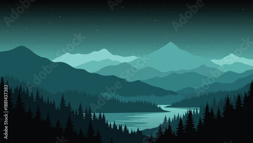 Night Mountain Forest Landscape Illustration with River and Stars