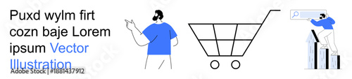E-commerce, online shopping, digital marketing, sales data, consumer interaction, user analytics. A man pointing, shopping cart chart growth. E-commerce and online shopping