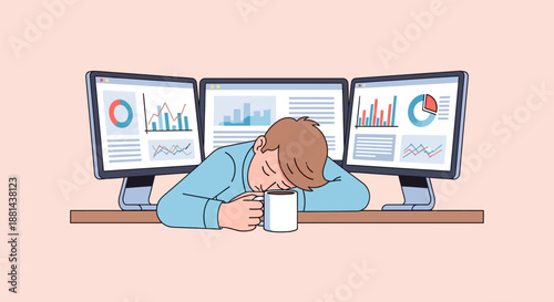 Burnout Businessman Sleeping on Desk with Coffee Mug and Financial Data Monitors. Overwork, Stress, and Workplace Exhaustion Concept.