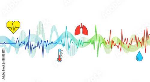 Dynamic Vital Signs Monitoring Waveform with Medical Icons: Heart, Lungs, Temperature. Abstract Health Data and ECG Pulse Line Illustration.