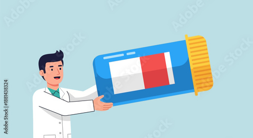 Healthcare Professional Holding Giant Pill Bottle. Doctor Offering Prescription Medicine Supply. Flat Vector Illustration.