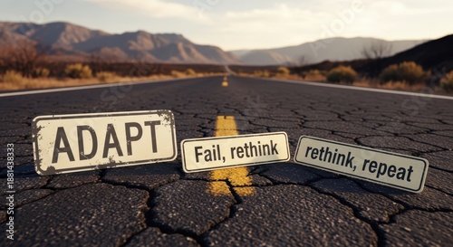 Road signs with 'Fail, rethink and adapt' messages guiding the way through a cracked asphalt path towards distant mountains