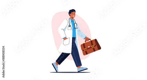 Confident Doctor Walking with Medical Bag. Healthcare Professional Character Illustration Ready for Service or House Calls.