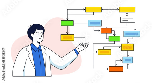 Professional Explaining Complex Flowchart Diagram. Business Workflow Analysis, Process Mapping, and Algorithm Data Flow Illustration.