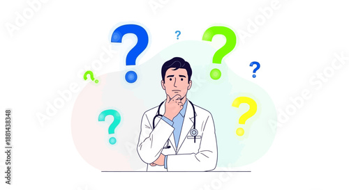 Pensive Doctor Thinking Surrounded by Colorful Question Marks. Healthcare Professional Searching for Diagnosis, Medical Advice, and Problem Solving.