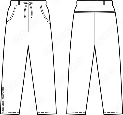 Women casual pants CAD drawing with front and back views, drawstring waistband, tapered leg silhouette and stitch details, fashion apparel technical illustration, cad drawing flat vector illustration