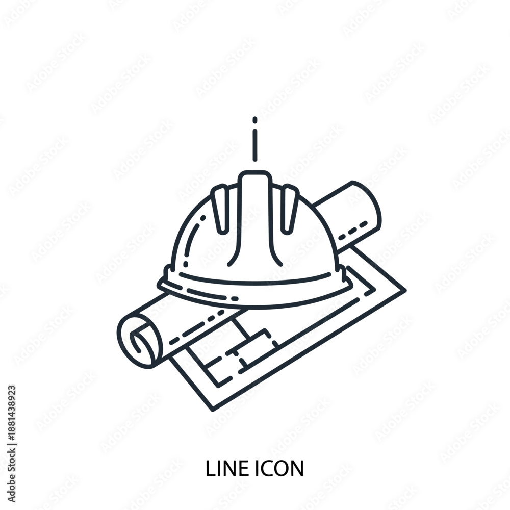 Fototapeta premium Construction Hard Hat and Architectural Blueprints Line Icon. Engineering, Building Safety, and Project Planning Outline Vector Symbol.