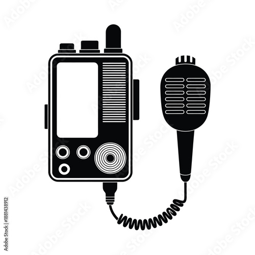 black and white image of a handheld radio transceiver with a microphone