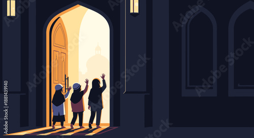 Silhouetted figures walk towards a radiant, open archway, representing spiritual journey, enlightenment, and the promise of a brighter path ahead.