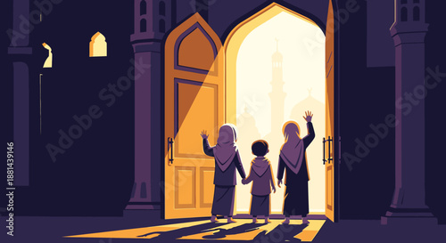 A Muslim family, two women and a child, walks hand-in-hand towards the bright, open doors of a mosque, symbolizing hope and spiritual enlightenment.