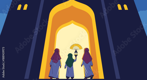 Three women in traditional attire, one holding a glowing lantern, stand before a magnificent, illuminated archway at night, embarking on a spiritual journey of exploration.