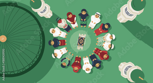 An aerial illustration captures a vibrant Muslim community, spanning generations, respectfully gathered in a circle to engage with the holy Quran, framed by mosque elements.
