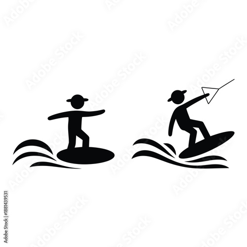 silhouette of two people surfing and windsurfing on waves