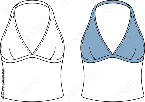 Women halter neck bra top CAD drawing with outline and color fill views, stitch details, fashion swimwear apparel technical illustration, cad drawing flat vector illustration