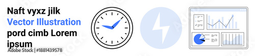 Round clock, blue lightning bolt, and analytics chart with graphs, pie chart, and bars. Ideal for time management, energy, productivity, efficiency analytics planning simple landing page