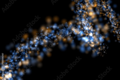 Cosmic bokeh overlay of vivid blue and gold nebula stream – energetic twisting stardust river sweeping diagonally across deep black abstract galaxy space

