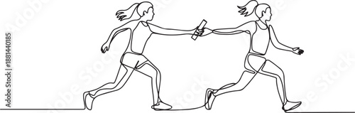 One single line drawing young happy runner women pass baton stick to her friend at race graphic vector illustration. Healthy lifestyle and competitive sport concept. one line Icon drawing