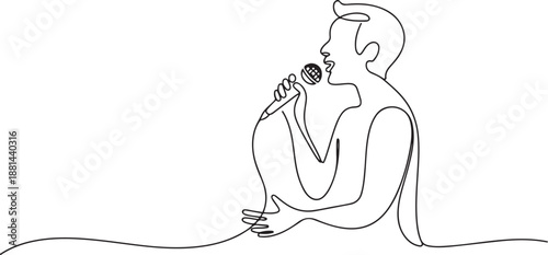 Continuous one line drawing singer using microphone. Karaoke people sings the song to microphone. Stand up comedian holding microphone in his hand. one line Icon drawing