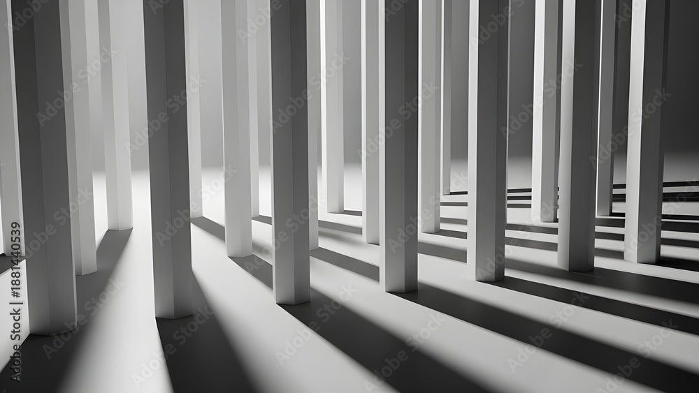 Fototapeta premium Abstract geometric pillars casting dramatic long shadows, highlighting the striking interplay of light and dark in a modern minimalist architectural composition