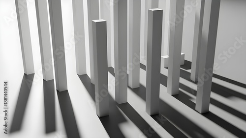 Abstract minimalist composition of white geometric forms casting dramatic elongated shadows on a stark surface, emphasizing light, depth, and structured design