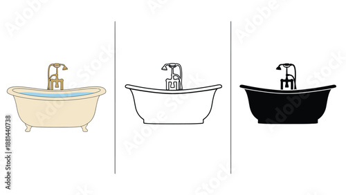 A colorful illustration of three bathtubs in different styles and colors