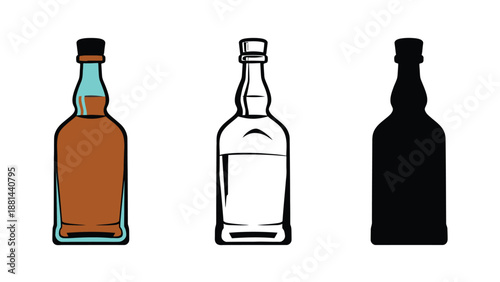 An illustration of three bottles of liquor in different styles and colors