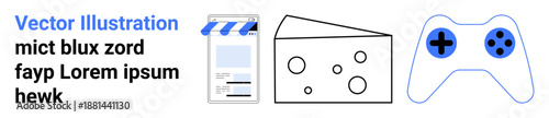 Entertainment, gaming, food icons, technology design, digital interface, movie production. A gaming controller, cheese slice clapperboard and mobile UI . Gaming and entertainment concept